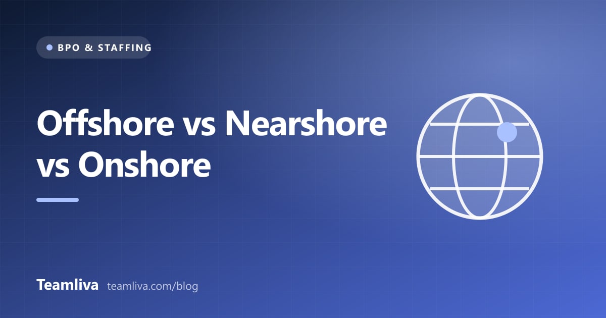 Teamliva (Team Liva) cover graphic: Offshore vs Nearshore vs Onshore, with a globe icon