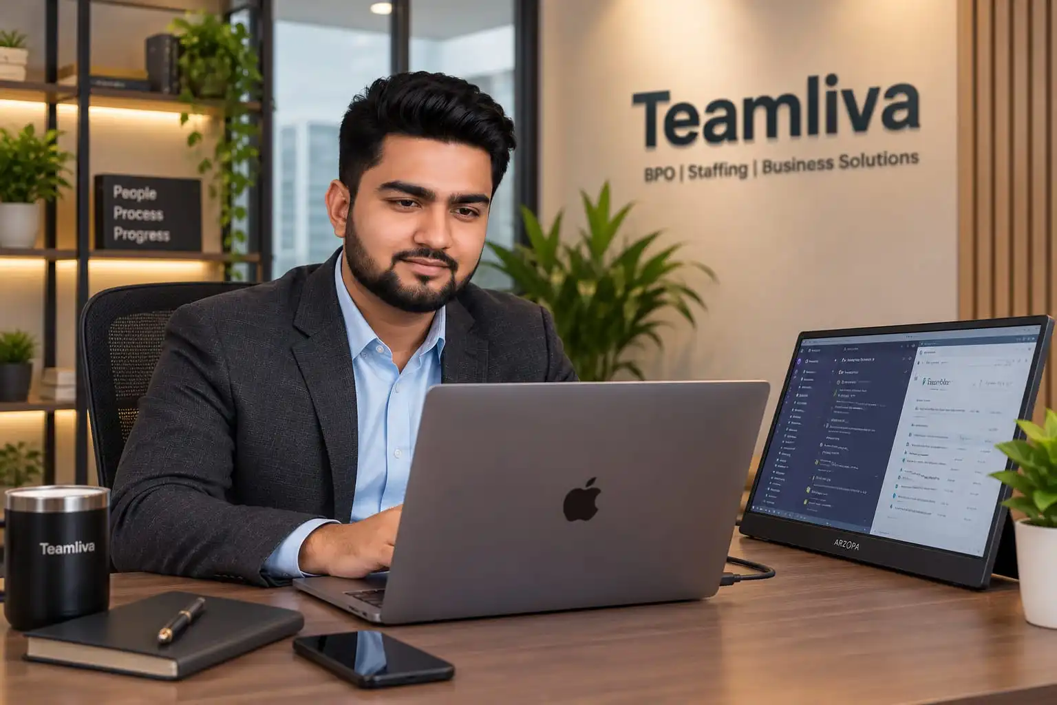 Aman Ullah, Co-Founder and Chief Operating Officer of Teamliva, working at his desk beside the People, Process, Progress sign, at Teamliva (Team Liva), a BPO and virtual assistant company