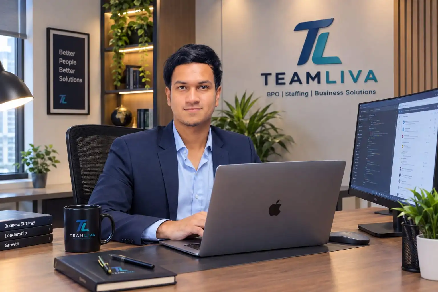 Fojlay Rabbi, Co-Founder and Chief Strategy Officer of Teamliva, seated at his desk beside the Better People, Better Solutions sign. Teamliva (Team Liva) guide: Bookkeeping Virtual Assistant: What They Can and Cannot Do