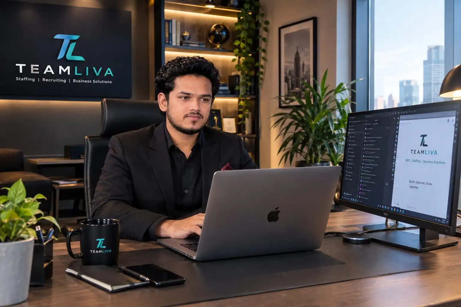Mahir Al Shahiar, Co-Founder and Chief Growth Officer of Teamliva, working on a laptop at his desk in front of the Teamliva logo wall. Teamliva (Team Liva) guide: Bookkeeping Virtual Assistant: What They Can and Cannot Do