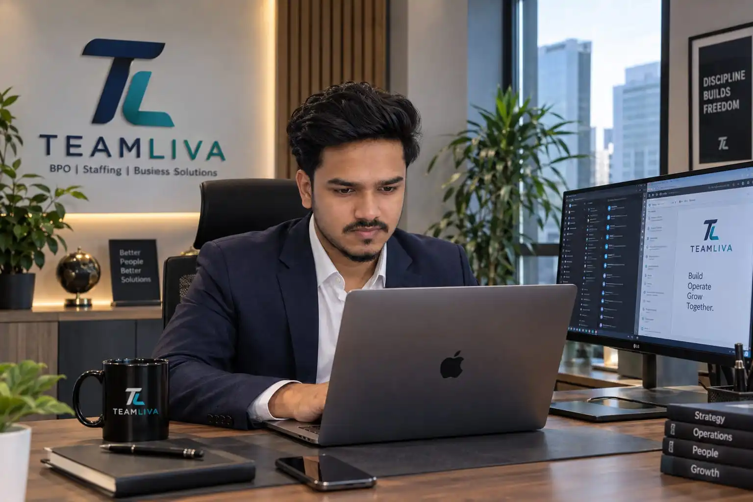 Mahir Al Shahiar of Teamliva reviewing operations on his laptop and monitor in the Teamliva office, at Teamliva (Team Liva), a BPO and virtual assistant company
