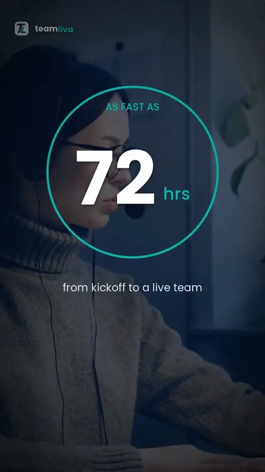 Teamliva video still: a support specialist with a headset and the text As fast as 72 hours from kickoff to a live team