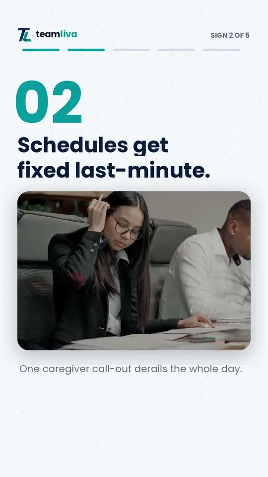 Teamliva video still: Schedules get fixed last-minute, sign 2 of 5 that an office team is always catching up